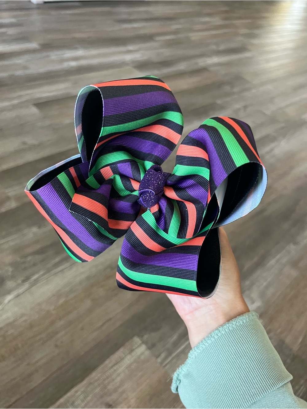 Striped Girls Hair Bow - Green, Purple & Orange. Perfect for Halloween